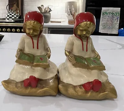 Vintage K & O USA Bronze Metal Cast Bookends Little Red Riding Hood Girl Reading • $145