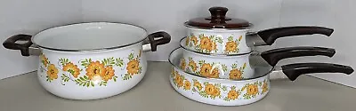 Vintage Sanko Ware Yellow Floral Enamel Pots And Pans 1970s 5 Piece Set • $75