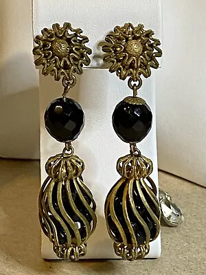 Miriam Haskell Gold Tone Caged Black Glass Bead Drop Clip Earrings For Repair • $18.01