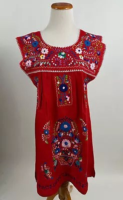 Red Cotton EMBROIDERED. Mexican Peasant Dress Women's S/M • $22.50