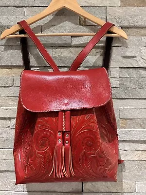 100% Genuine Mexican Leather Red Hand Tooled Detailed Flower Backpack Puerto Val • $65