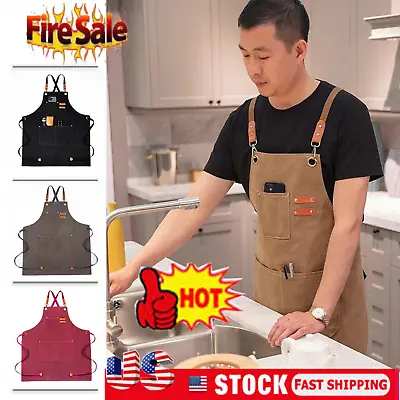 $5.99 • Buy Chef Aprons For Men With 3 Pockets Heavy Duty Canvas Cross Back Apron Adjustable