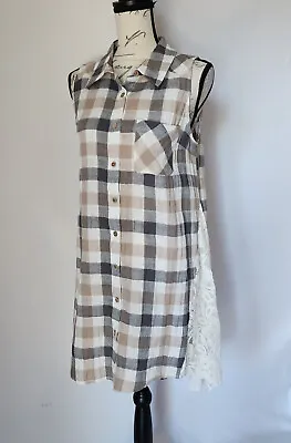 A'reve Lace Plaid Cotton Mini Shirt Dress Sleeveless Button Multicolor Women's S • $22.50