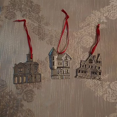 Vintage Kirk Stieff Pewter Christmas Ornaments Victorian Houses Lot Of 3 • $29