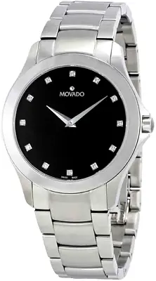 Movado $1195 Men's Masino Dazzling Diamonds Silver Black Dial Watch 0607036 • $389.99