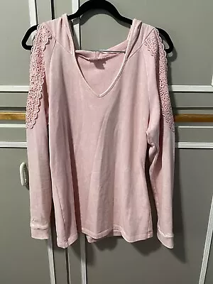 Venus Pink Marl Cold Shoulder Hoodie Sweatshirt Size Medium Lace • $12.99