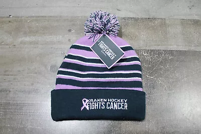 Seattle Kraken Fights Cancer Knit Beanie Hat Cap Adult O/S Pink Black Pom Stripe • $13.49