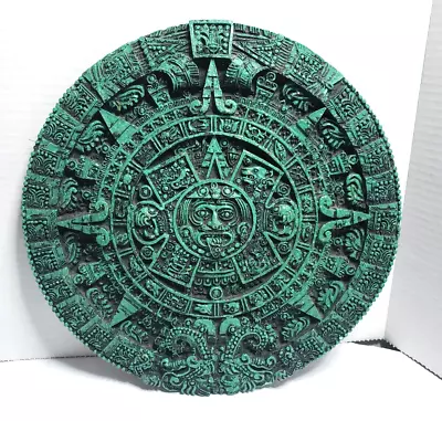 Vintage 12  Aztec Round Mayan Zodiac Sun Calender Jade Green Wall Plaque • $45