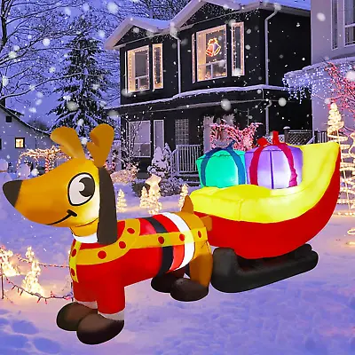 7 FT Long Christmas Inflatable Dachshund Dog Pulling Sleigh & Gift Boxes Blow U • $68.52
