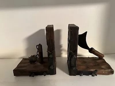 Vintage Spanish Weapons Wood BOOKENDS Sword Knife & Medieval Spiked Flail Mace • $30