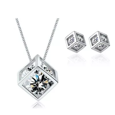 925 Sterling Silver Zircon Cube Pendant Necklace Earrings Stud Women Jewelry Set • $7.99