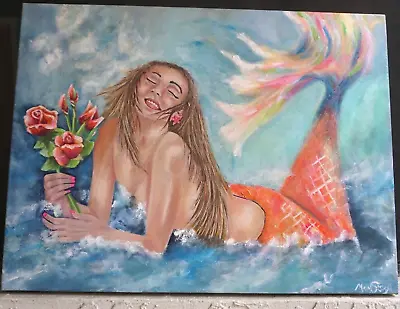 Original Mermaid Painting.  Oil Painting 24x18”. Beach Decor.  Coastal Decor. • $575
