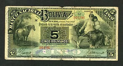 Bolivia  5  Bolivianos  1892   Banco Nacional  Pick # S212  Fine. • $262.50