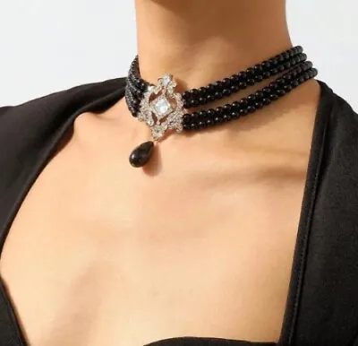 Black Pearl Brooch Choker Necklace Rhinestone Strand Pendant Choker Necklace • $14.95