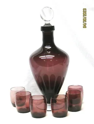 Handblown Cambridge Amethyst Tall Decanter With 6 Cordial Glasses 7 Pc Set MCM • $70