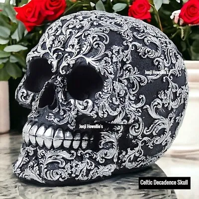 Skull Sculpture Ornament Black Silver Celtic Decadence Gothic Pagan Wiccan Home • £15.90