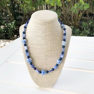 NWT Genuine Mother Of Pearls Murano Glass & Glass Beads Necklace Hearts Blue • $28