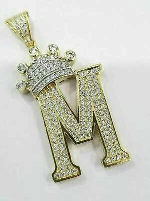 14K Yellow Gold Plated Silver 3CT Real Moissanite Initial Crown King M Pendant • $121.49