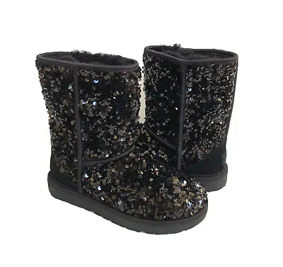 Ugg Classic Short Chunky Sequin Black Sparkles Shearling Boot Us 8 / Eu 39 /uk 6 • $185