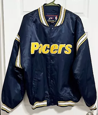 INDIANA PACERS Men Navy Blue Snap Sewn Bomber Satin Jacket L Pro Player NBA • $142.49