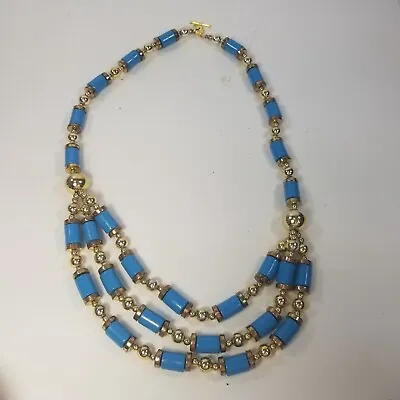 Blue Multi Strand Beaded Necklace Bead Gold Tone Vintage 24.5  • $19.99