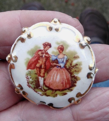 1970s Porcelain Limoges Brooch - Crinoline Lady & Gentleman • £3.35