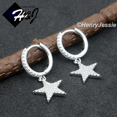 925 Sterling Silver Icy Bling Cz Dangle Star Gold Plated/silver Hoop Earring*249 • $24.99