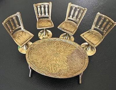 Antique Solid Brass Miniature Dining Table & Chairs Set Doll House Decor • $17.99