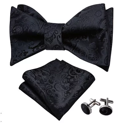 UK Mens Black Paisley Self Tied Bowtie Set Wedding Bow Tie Party Casual Formal • £7.99