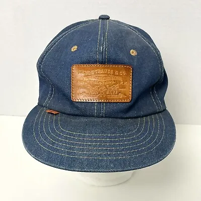 Vintage Levi Strauss Denim Leather Patch Snap Back Hat Trucker Cap Orange Tab • $114.99