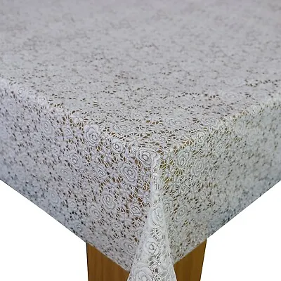 White Floral  Lace PVC Vinyl Wipe Clean Oilcloth Tablecloth • £7.99