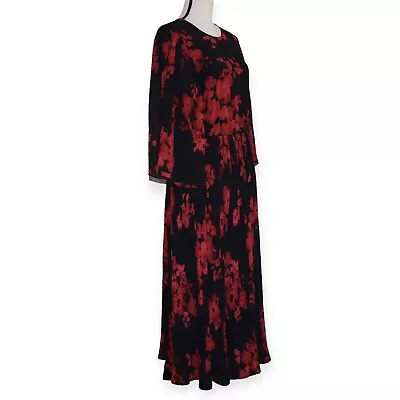 H&M TREND Chiffon Black Red Floral Poppy Pleated Midi Dress Size 14 Keyhole Back • $24.99