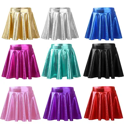 Kids Girls Shiny Metallic Pleated Skirt With Built-in Shorts Dance Party Costume • $13.48