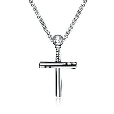 Men Stainless Steel Chain Necklace Cross Baseball Bat Style Pendant 1158 • $6.99