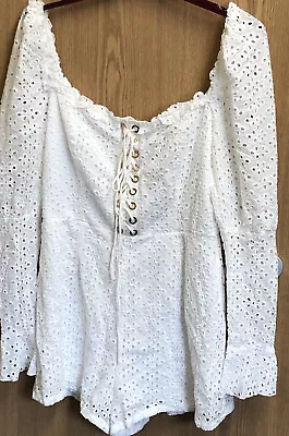 £13.30 • Buy Playsuit White Boohoo Gold Eyelets Corset Princess Broderie Anglaise Size 12