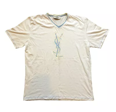 YSL Yves Saint Laurent T Shirt Men's Large White Vintage 90s Big Logo Spell Out • £58.99