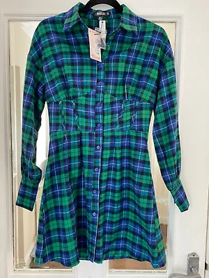 Bnwt Missguided Blue & Green Tartan Cotton Mix Collared Shirt Dress - Size 8!! • £10