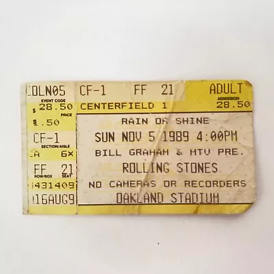 The Rolling Stones 11/5/1989 Oakland CA Stadium Ticket Stub Bill Graham & MTV • $9