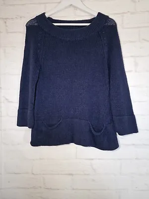 £9.99 • Buy Kew Jumper Size M Navy Blue Chunky Knit Sweater Linen Blend Long Sleeve Pullover