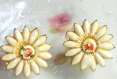Vintage Earrings Guilloche Enamel Floral Filigree Cloisonne Pierced Daisy #1063F • $5