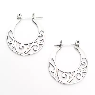 Jezebel Retro Open Work Hoop Signed Vintage Sterling Silver Earrings • $18