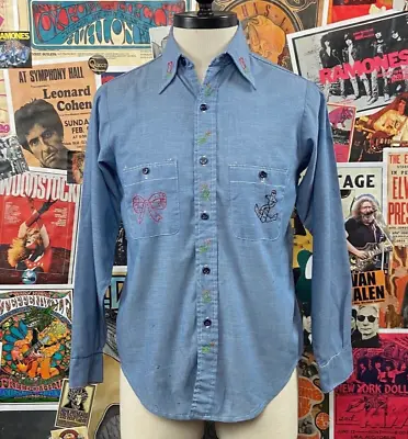 Vintage 70s Chambray Embroidered Anchor Flower Cotton Button Up Shirt Men S/M • $18.95
