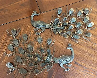 Pair Of Mid Century Modern Peacock Wall Hanging Green Pressed Tin 21” X 11” Each • $40