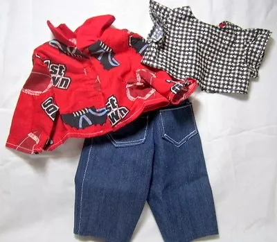 Doll Clothes 18 Inch Fit American Girl SET Denim Pants Red Shirt & Brown Ginghm • $14.99