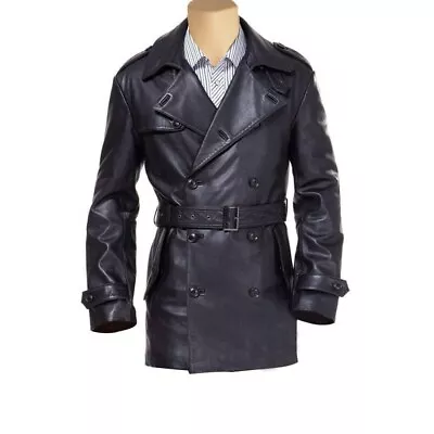 Black Leather Belted And Double Breasted Trench Coat • $149.99