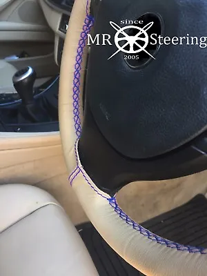 Fits Mercedes Clk W208 96+ Beige Leather Steering Wheel Cover R Blue Double Stch • $35.90