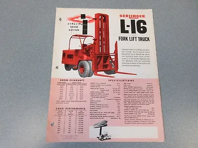 Old 1954 Gerlinger L-16 Forklift Sales Sheet 16000 Pound Pallet Truck • $40