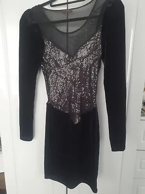 Miss Selfridge Black Mini Party Dress Sequined Velvet Sz 8 • $9.33