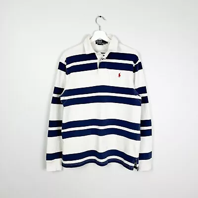 Men’s Vintage Polo Ralph Lauren Rugby Shirt Striped White Blue Size Medium • £44.99