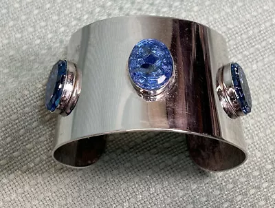 Vintage Sarah Coventry Wide Silver Tone Cuff Blue Confetti Lucite Jeweled • $35